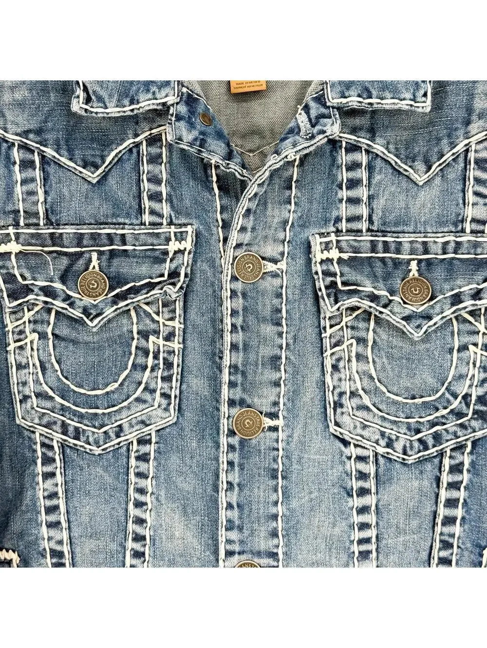 True‎ Religion Jimmy Super T Denim Jacket Med Wash Vintage Y2K Streetwear Mens L